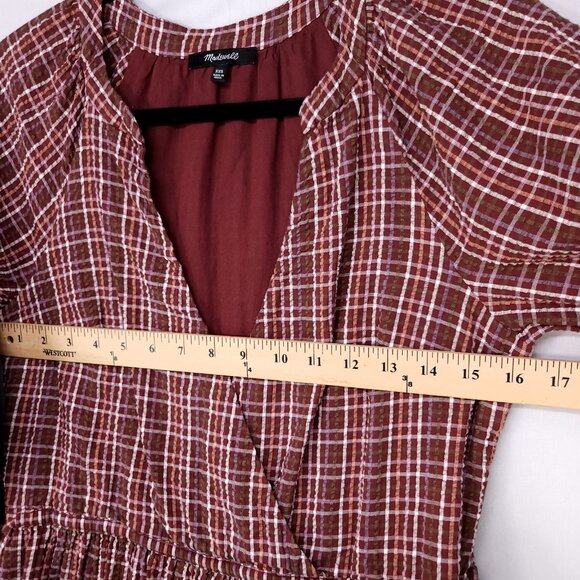 Madewell Seersucker Faux Wrap Mini Dress Size XXS Oversized Red Plaid Tiered - Picture 9 of 12